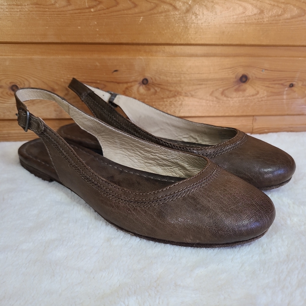 Frye Carson Sling Back Ballet Flat Shoe Women's Size 8.5M Brown Leather Buckle